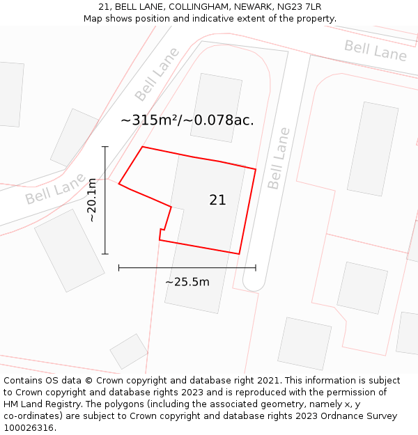 21, BELL LANE, COLLINGHAM, NEWARK, NG23 7LR: Plot and title map