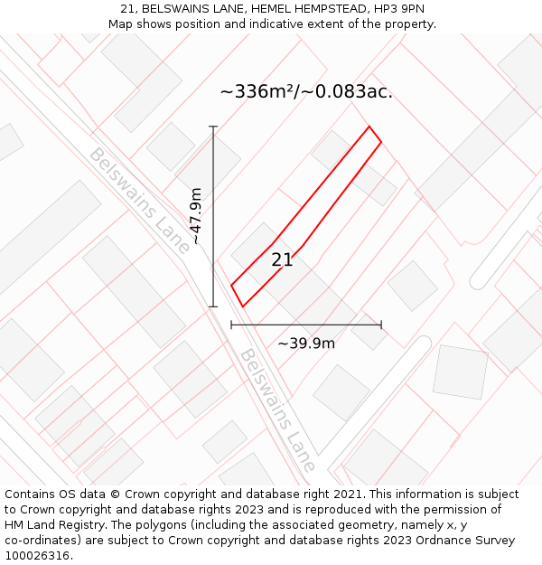 21, BELSWAINS LANE, HEMEL HEMPSTEAD, HP3 9PN: Plot and title map