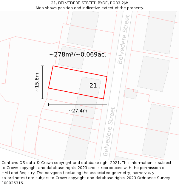 21, BELVEDERE STREET, RYDE, PO33 2JW: Plot and title map