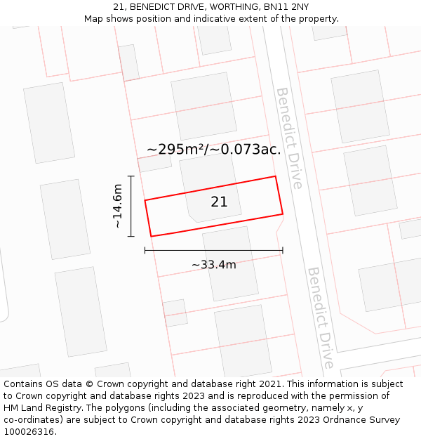 21, BENEDICT DRIVE, WORTHING, BN11 2NY: Plot and title map