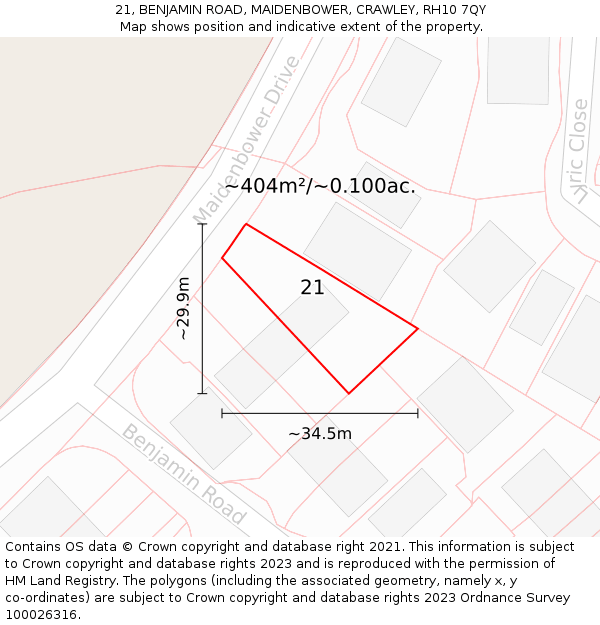 21, BENJAMIN ROAD, MAIDENBOWER, CRAWLEY, RH10 7QY: Plot and title map