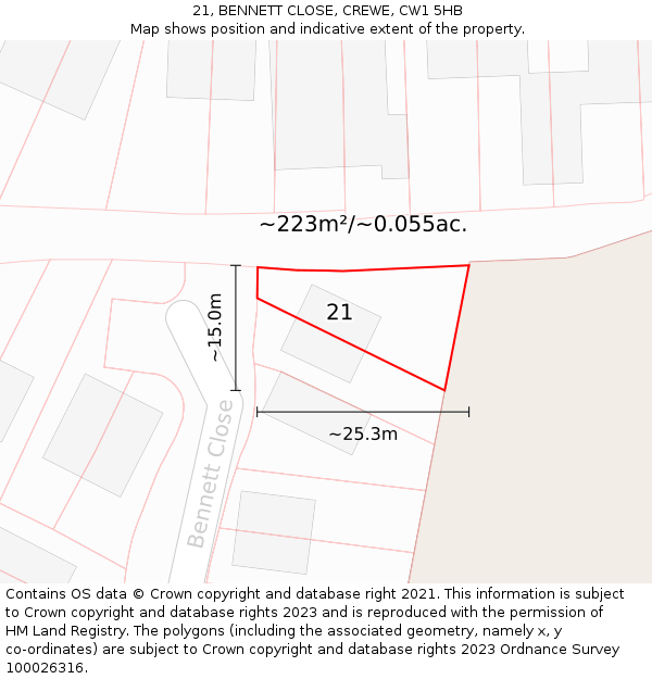 21, BENNETT CLOSE, CREWE, CW1 5HB: Plot and title map