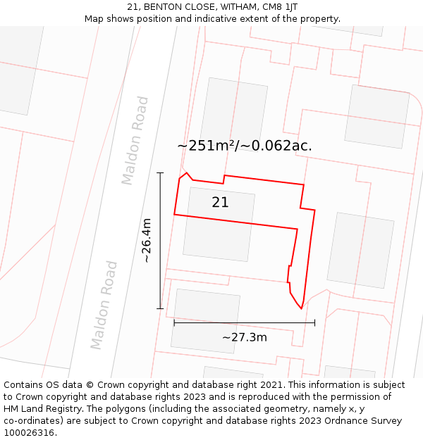 21, BENTON CLOSE, WITHAM, CM8 1JT: Plot and title map