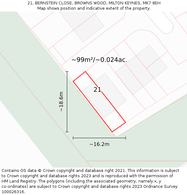 21, BERNSTEIN CLOSE, BROWNS WOOD, MILTON KEYNES, MK7 8EH: Plot and title map