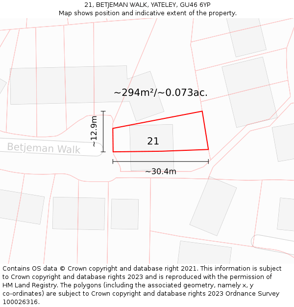 21, BETJEMAN WALK, YATELEY, GU46 6YP: Plot and title map