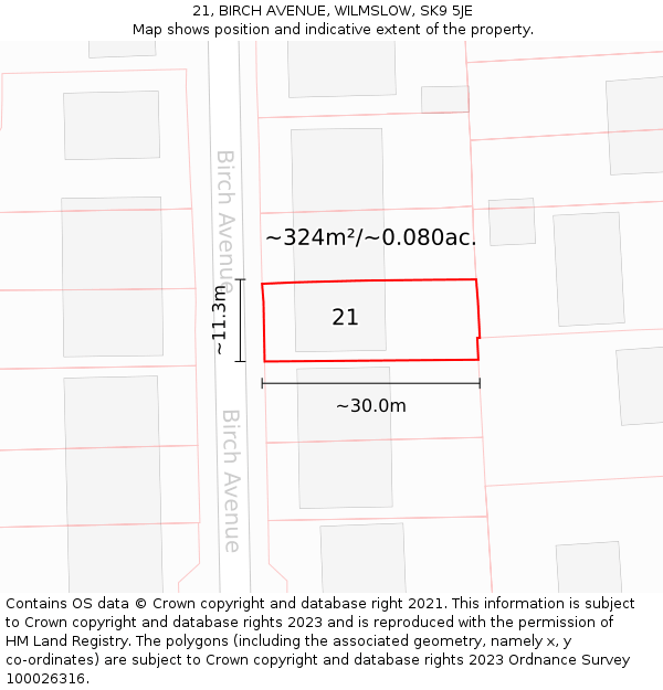 21, BIRCH AVENUE, WILMSLOW, SK9 5JE: Plot and title map