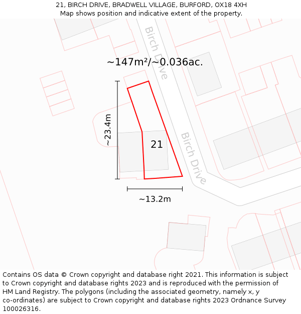 21, BIRCH DRIVE, BRADWELL VILLAGE, BURFORD, OX18 4XH: Plot and title map