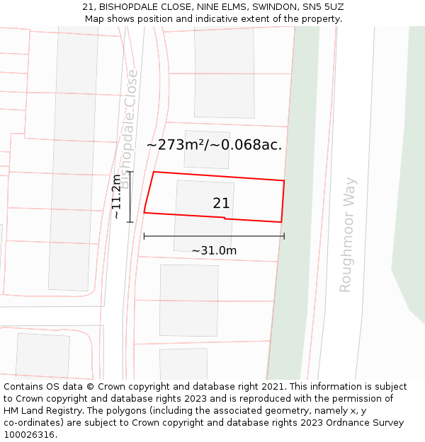 21, BISHOPDALE CLOSE, NINE ELMS, SWINDON, SN5 5UZ: Plot and title map