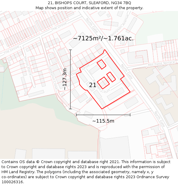 21, BISHOPS COURT, SLEAFORD, NG34 7BQ: Plot and title map