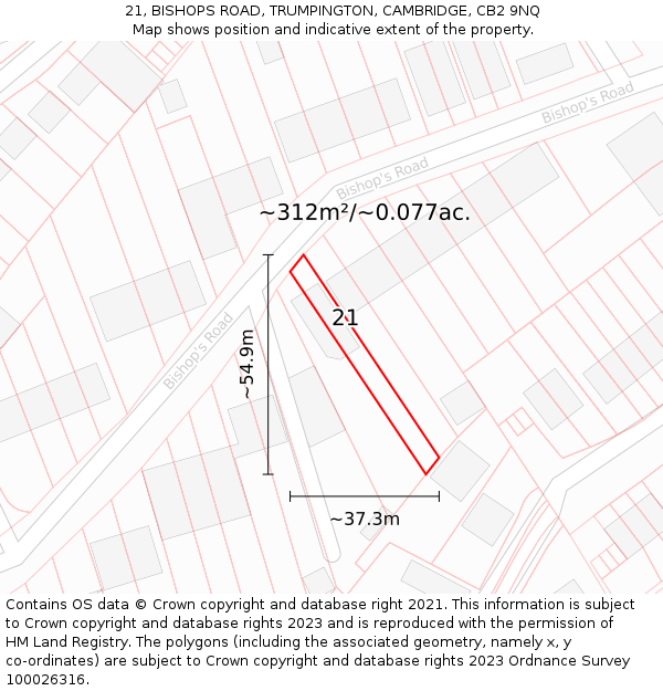 21, BISHOPS ROAD, TRUMPINGTON, CAMBRIDGE, CB2 9NQ: Plot and title map