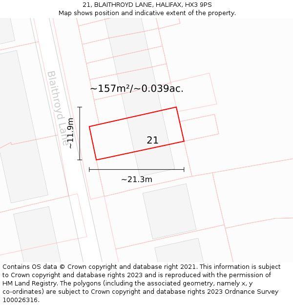 21, BLAITHROYD LANE, HALIFAX, HX3 9PS: Plot and title map