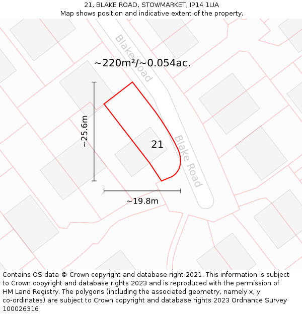 21, BLAKE ROAD, STOWMARKET, IP14 1UA: Plot and title map