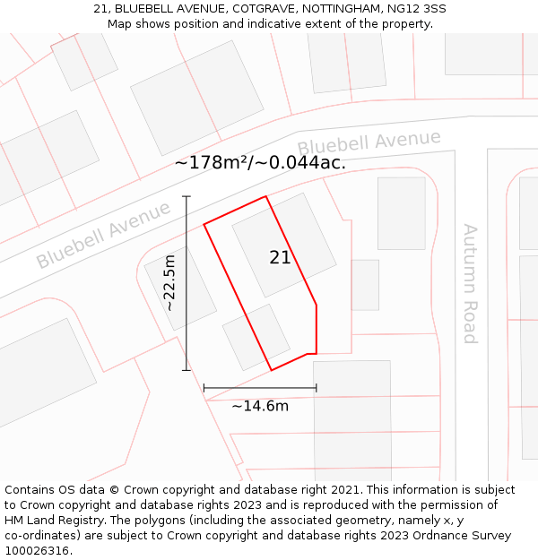 21, BLUEBELL AVENUE, COTGRAVE, NOTTINGHAM, NG12 3SS: Plot and title map