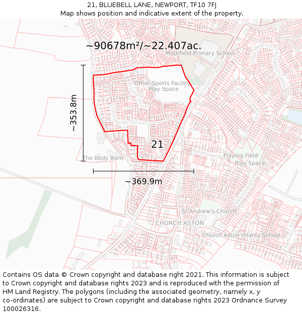 21, BLUEBELL LANE, NEWPORT, TF10 7FJ: Plot and title map