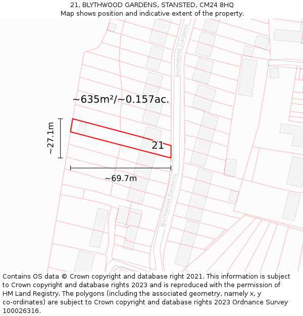 21, BLYTHWOOD GARDENS, STANSTED, CM24 8HQ: Plot and title map