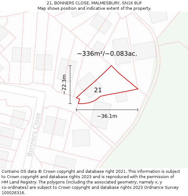 21, BONNERS CLOSE, MALMESBURY, SN16 9UF: Plot and title map