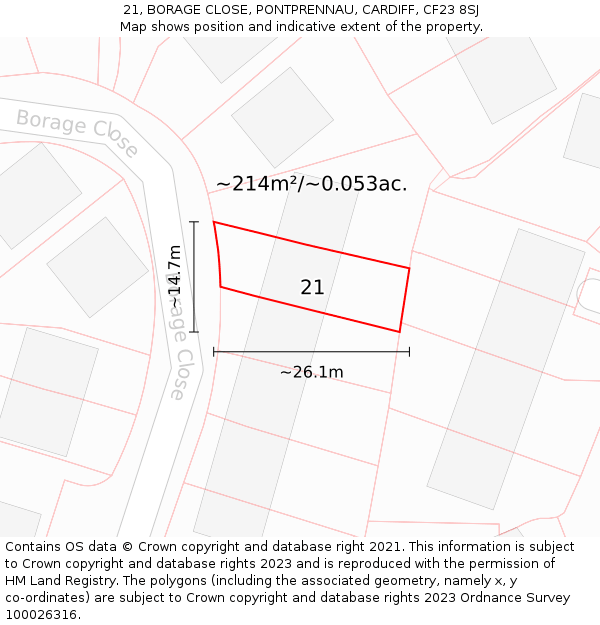 21, BORAGE CLOSE, PONTPRENNAU, CARDIFF, CF23 8SJ: Plot and title map