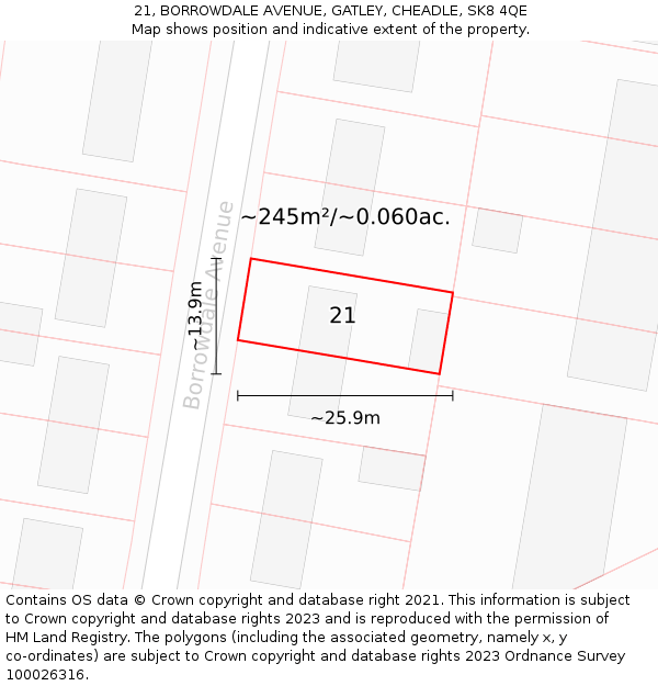 21, BORROWDALE AVENUE, GATLEY, CHEADLE, SK8 4QE: Plot and title map