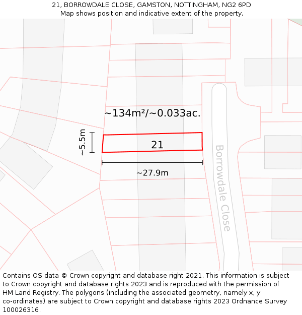 21, BORROWDALE CLOSE, GAMSTON, NOTTINGHAM, NG2 6PD: Plot and title map
