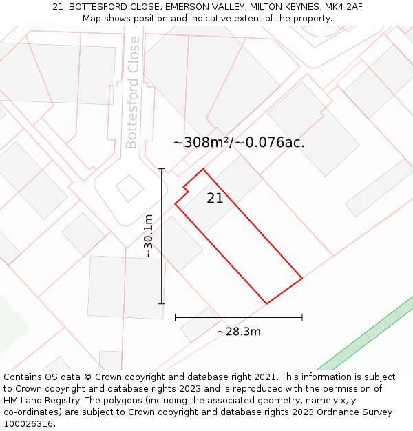 21, BOTTESFORD CLOSE, EMERSON VALLEY, MILTON KEYNES, MK4 2AF: Plot and title map