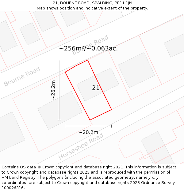 21, BOURNE ROAD, SPALDING, PE11 1JN: Plot and title map