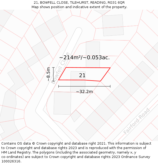 21, BOWFELL CLOSE, TILEHURST, READING, RG31 6QR: Plot and title map