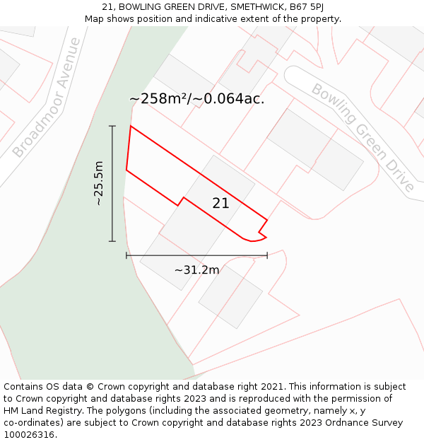 21, BOWLING GREEN DRIVE, SMETHWICK, B67 5PJ: Plot and title map