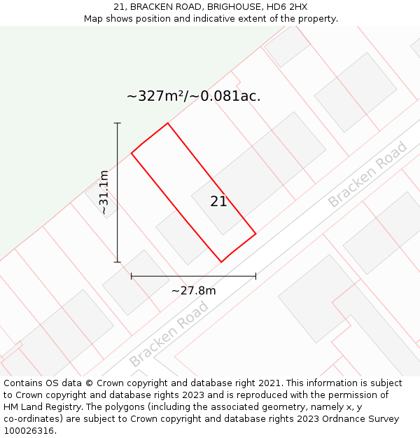 21, BRACKEN ROAD, BRIGHOUSE, HD6 2HX: Plot and title map