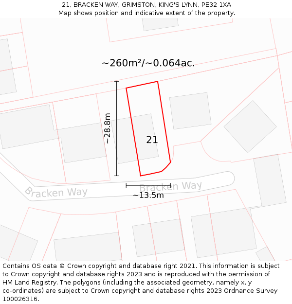 21, BRACKEN WAY, GRIMSTON, KING'S LYNN, PE32 1XA: Plot and title map