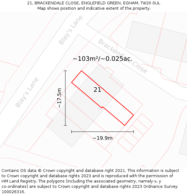 21, BRACKENDALE CLOSE, ENGLEFIELD GREEN, EGHAM, TW20 0UL: Plot and title map