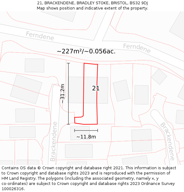 21, BRACKENDENE, BRADLEY STOKE, BRISTOL, BS32 9DJ: Plot and title map