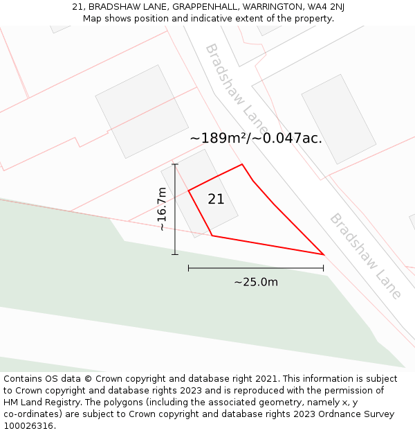 21, BRADSHAW LANE, GRAPPENHALL, WARRINGTON, WA4 2NJ: Plot and title map