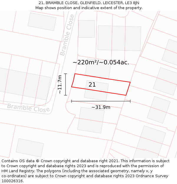 21, BRAMBLE CLOSE, GLENFIELD, LEICESTER, LE3 8JN: Plot and title map