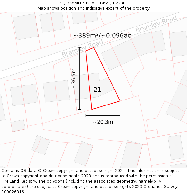 21, BRAMLEY ROAD, DISS, IP22 4LT: Plot and title map