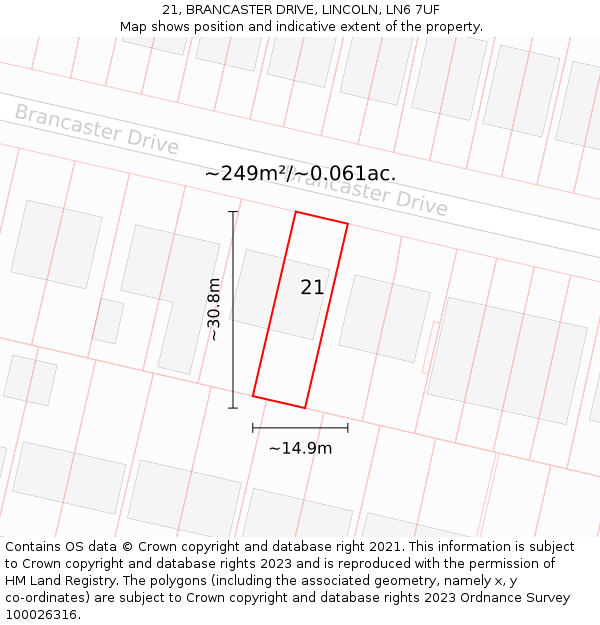 21, BRANCASTER DRIVE, LINCOLN, LN6 7UF: Plot and title map