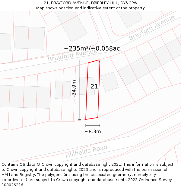 21, BRAYFORD AVENUE, BRIERLEY HILL, DY5 3PW: Plot and title map