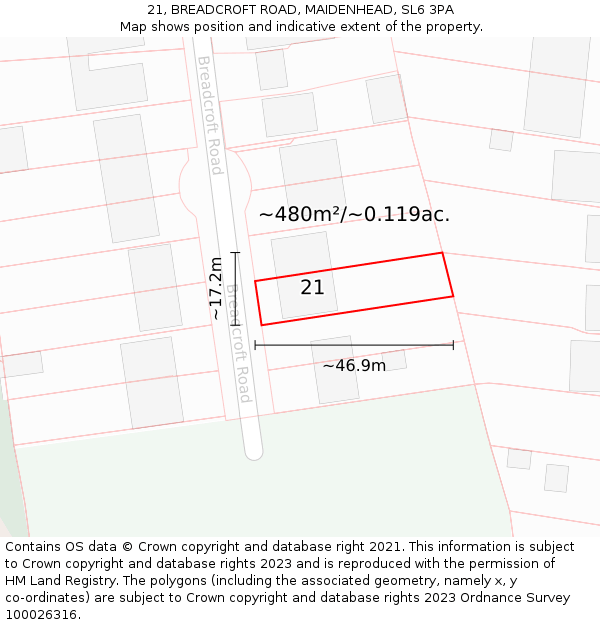 21, BREADCROFT ROAD, MAIDENHEAD, SL6 3PA: Plot and title map