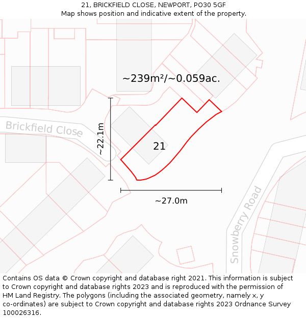 21, BRICKFIELD CLOSE, NEWPORT, PO30 5GF: Plot and title map