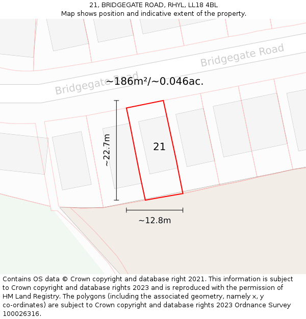 21, BRIDGEGATE ROAD, RHYL, LL18 4BL: Plot and title map