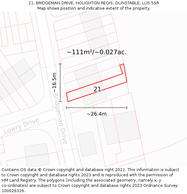 21, BRIDGEMAN DRIVE, HOUGHTON REGIS, DUNSTABLE, LU5 5SR: Plot and title map