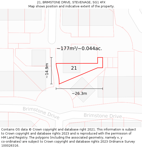 21, BRIMSTONE DRIVE, STEVENAGE, SG1 4FX: Plot and title map