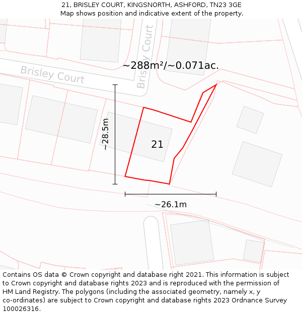 21, BRISLEY COURT, KINGSNORTH, ASHFORD, TN23 3GE: Plot and title map