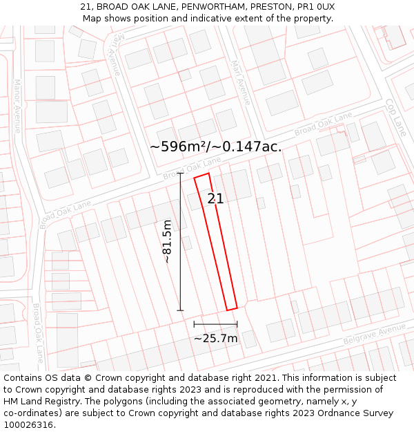 21, BROAD OAK LANE, PENWORTHAM, PRESTON, PR1 0UX: Plot and title map