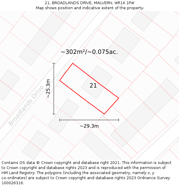 21, BROADLANDS DRIVE, MALVERN, WR14 1PW: Plot and title map