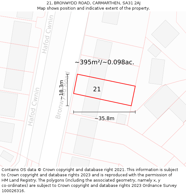 21, BRONWYDD ROAD, CARMARTHEN, SA31 2AJ: Plot and title map