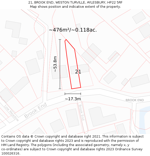 21, BROOK END, WESTON TURVILLE, AYLESBURY, HP22 5RF: Plot and title map