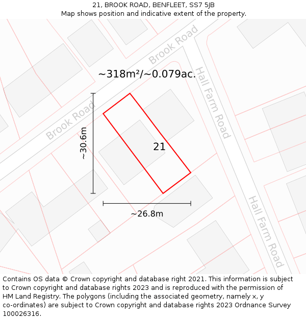 21, BROOK ROAD, BENFLEET, SS7 5JB: Plot and title map