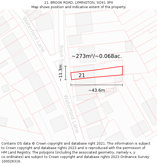 21, BROOK ROAD, LYMINGTON, SO41 3PX: Plot and title map