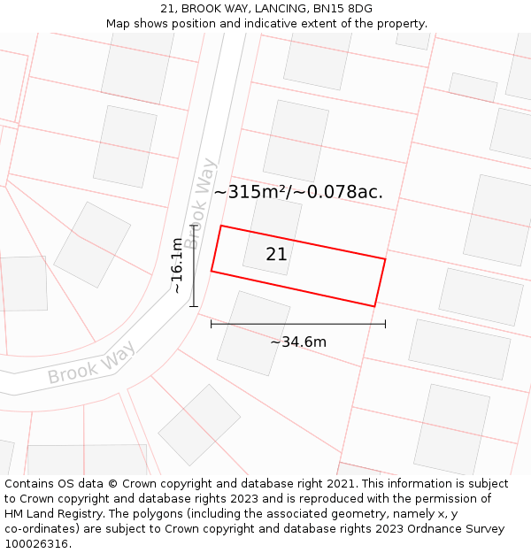 21, BROOK WAY, LANCING, BN15 8DG: Plot and title map