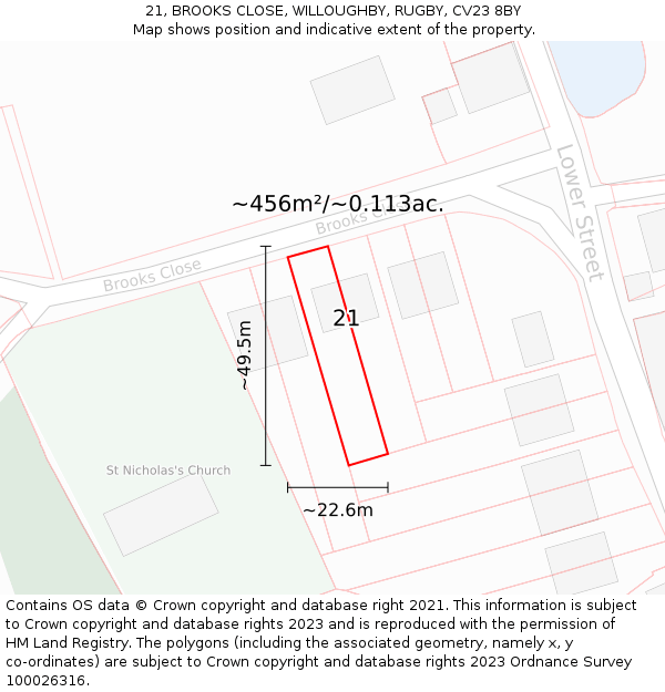 21, BROOKS CLOSE, WILLOUGHBY, RUGBY, CV23 8BY: Plot and title map